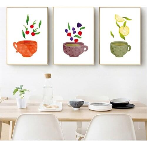 Watercolour Teacup Poster Canvas Painting Kitchenware Prints Wall Art Pictures For Dining Room Hall Kitchen Home Decor