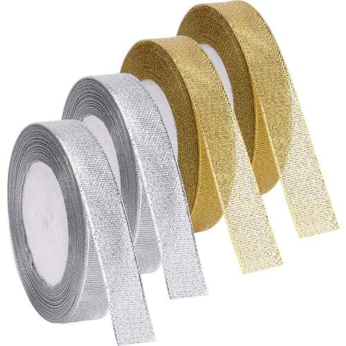 15mm Glitter Metallic Organza Ribbon for Wedding Gift Present Box Jewelry Packaging Decoration Golden Silver Color 25yards/roll