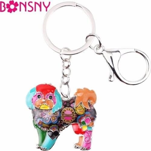 Bonsny Enamel Alloy Shih Tzu Dog Key Chain Keychains Ring Gift For Women Girls Bag Car Charms Pendant Fashion Animal Jewelry New