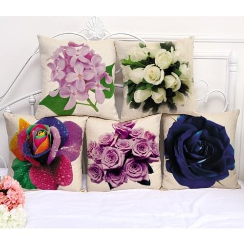 Decorative Pillow Cushion Case Sun flower Rose Lotus Pillowcase 17.5 Inch Cotton Linen Chair Seat Throw Pillow Cover P1068