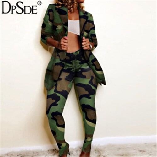 DPSDE Camouflage Green Fashion Two Pieces Women Set Autumn Full Sleeve Casual Cardigan New 2020 Skinny Streetwear Lady Tracksuit