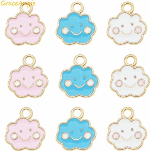 GraceAngie 15pcs Cute Alloy Enamel Cloud Pendant Gold Tone Smile Charm Blue Pink For Necklace Bracelet Earrings Making Accessory