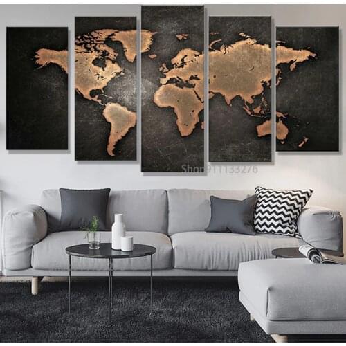 Paintings HD Abstract Canvas For Living Room Wall Art Poster 5 Pieces Retro World Map Decoration Pictures Modular Frame