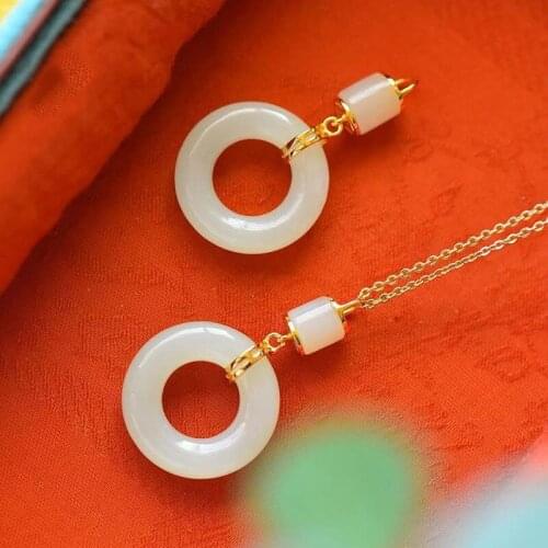 White Jade Ring New Chinese Natural Hetian Jade Safety Buckle Pendant S925 Sterling Silver Gold-Plated Ring Necklace Simple Jewe