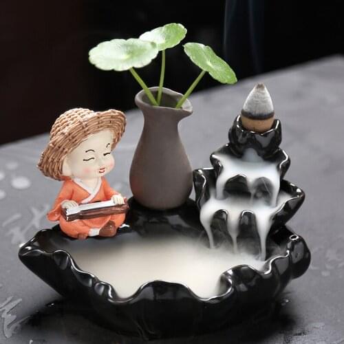 BACKFLOW INCENSE BURNER CERAMICS SMALL MONK ALPINE FLOWING WATER CARP CENSER HYDROPONIC HOME OFFICE DECORATIONS INCENSE BURNER