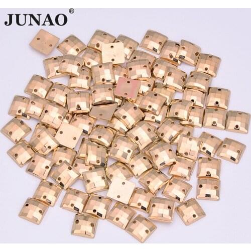 JUNAO 8mm 500pcs Sewing Gold Color Square Rhinestones Appliques Flat Back Acrylic Gems Sew On Crystal Stones For DIY Clothes