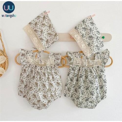 Summer Newborn Baby Girl Clothes Sets Ruffle Floral Baby Tops + Headband 2Pcs Infant Girls Outfits Vintage Lace Baby Rompers