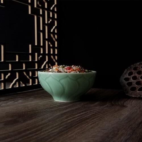Rice Bowl Chinese Cereal Bowl Intaglio with Lotus Leaf Porcelain Tableware 4.25Inch Ceramic Decor Microwave and Dishwasher Safe
