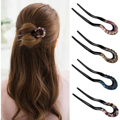 Fashion U-shaped Hairpin Crystal Hair Sticks Hairpin Women Retro Simple Classic Chinese Magic Bending Clip Rhinestone Headwear