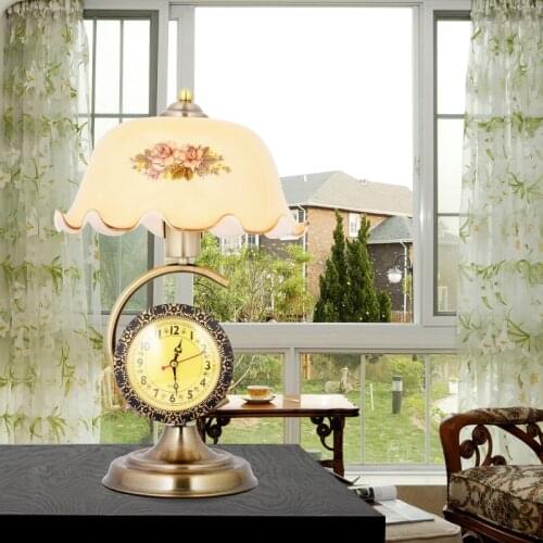 Clock Retro Table Lamps Bed Bedside Lamp Study Bar Living Room Home Decoration Nostalgic Iron Glass Print Shade GY243