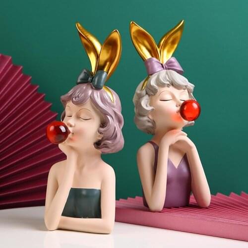 Nordic Resin Statues Ornaments Rabbit Bubble Girls Home Livingroom Desk Decoration Store Table Figurines Crafts Birthday Gifts