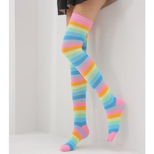 Spring and Autumn New Rainbow Striped Long Tube Thigh Knee Socks Female Cute Kawaii Sexy Comfortable Fashion Sports Stockings