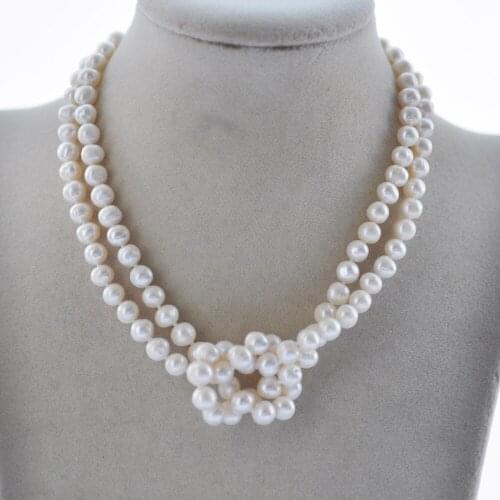 Z10467 2row Twine 16" 7mm White Round Freshwater Pearl Choker Necklace
