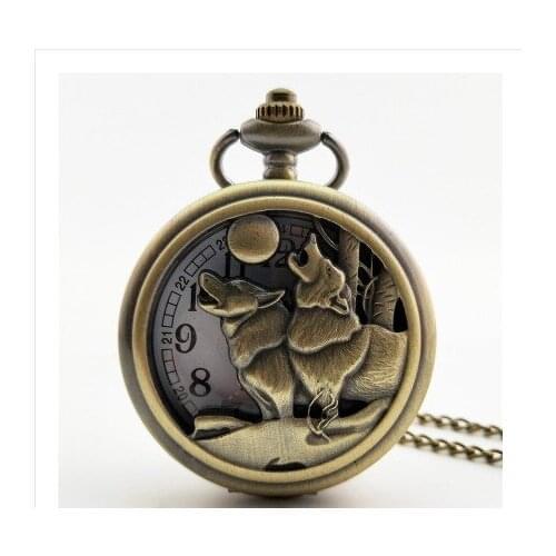 Retro Moon Double Wolf Quartz Pocket Watch Pendant Men Women Necklace Chain Bronze Analog Cool Fashion Modern Hot Gift