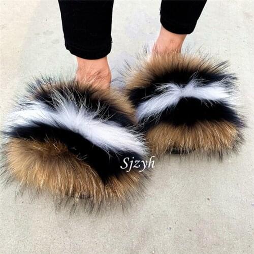 Wholesale Winter Womens Fox Fur Slides Indoor Home Shoes Ladies Fluffy Slippers Designer Furry Flip Flops Kids Plush Sandals