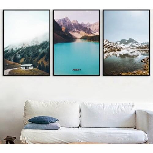 Snow Mountain Blue Lake Forest Landscape Wall Art Canvas Painting Nordic Posters And Prints Wall Pictures For Living Room Decor