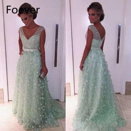 Green V Neck Prom Dresses 2019 New Beaded Applique Backless Evening Gowns Custom made Formal Party Dress Robe De Soiree