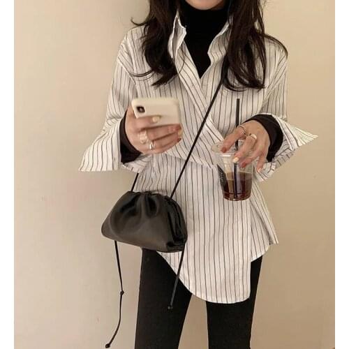 Street Style Women Long Sleeve Striped White Shirt For Women Irregular Button Up Loose Ladies Tops 2021 Autumn Work Clothing