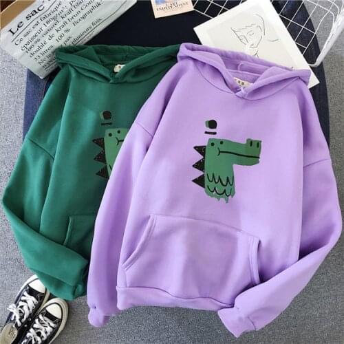 Women Oversized Korean Pullovers Winter Sweatshirts Loose Tops Little Monster Print Cartoon Kawaii Long Sleeve Hooded Hoodies