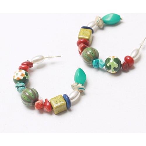 Women ZA Earrings Bohemian Colorful Stones Geometric Circle Earrings 2021 Summer Fashion C-Shaped Earrings Jewelry