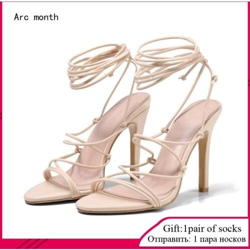 2021Summer Woman Shoes Sandals Basic Pu Fashion Cross-tied Spike Heels Lace-Up Party Pumps size 35- 42 Apricot