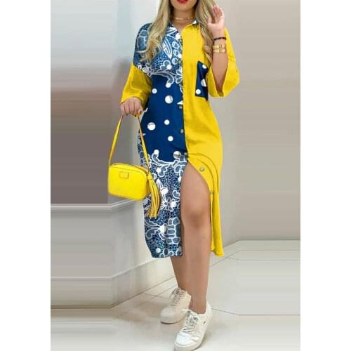2021 Women Plus Size Printed Half Sleeve Button Pocket Patchwork Loose Female Lady Clothing Outfits Summer Casual Long Dresses