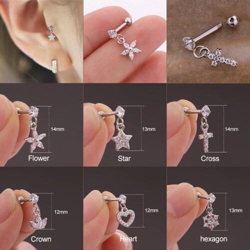 1 Piece Stainless Steel Barbell With Cz Crown Flower Star Cross Pendant Ear Cartilage Helix Piercing Earring