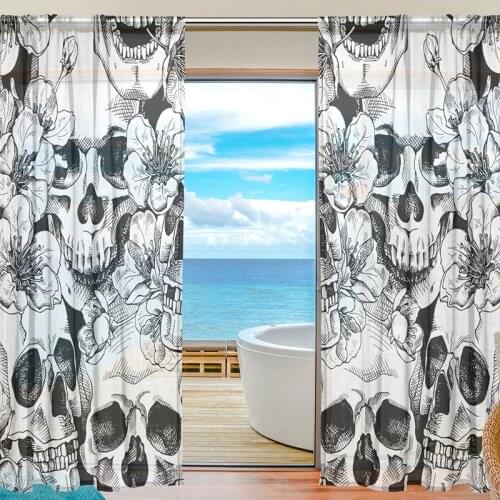 Sheer Voile Window Curtain Vintage Sugar Skull Floral Pattern Printed Polyester Material Fabric Tulle Curtains for Bedroom 2pcs