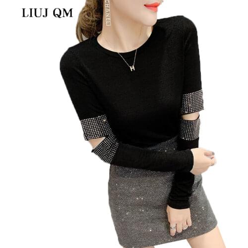 2020 New Summer Fashion Hot Drilling Hole Short Sleeve Tshirts For Women Solid Color All-match Loose Black Feminine Tops 234