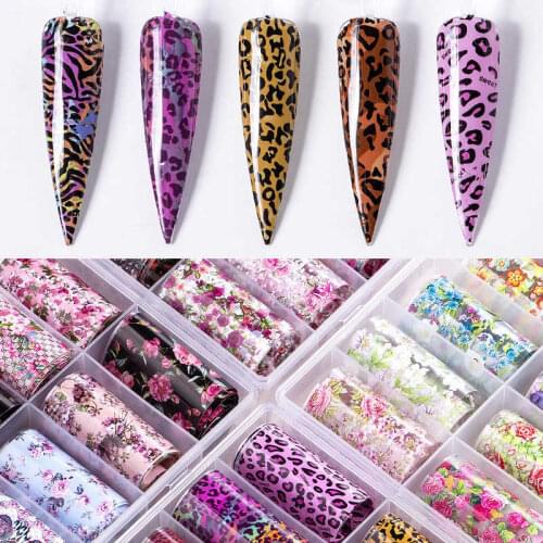Nail Art Foil Rolls-4*100CM Fashion Flower And Leopard Grain New Japan Floral Decal Designs Nail Art Transfer Foil -Set Of 10PC
