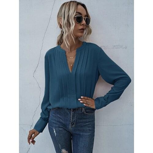 Spring And Autumn Fashion Sexy V Neck Buttons Long Sleeve Chiffon Shirt 2021 New Casual Pleated Solid Slim Ladies T Shirt Basic