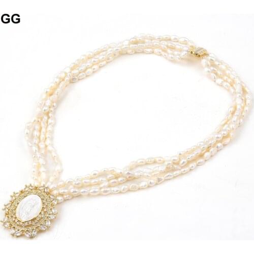 GG Jewelry 4 Strands Natural Freshwater Cultured White Keshi Pearl CZ Shell Christ Jesus Connector Pendant Necklace For Women