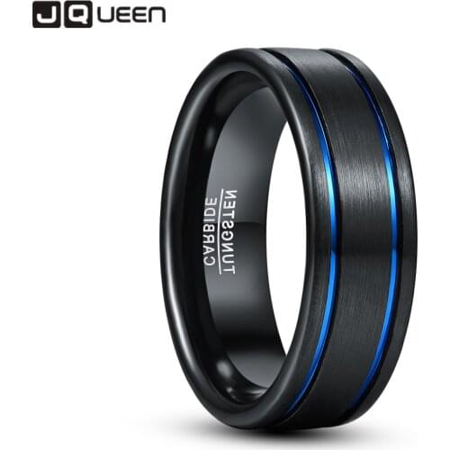 JQUEEN Black Tungsten Ring with Blue Circle Groove Men Tungsten Carbide Rings Men Jewelry