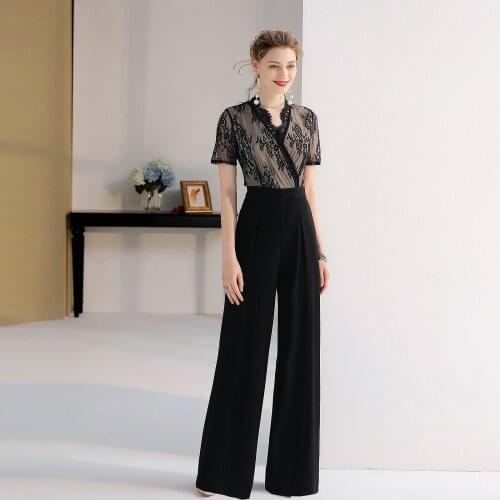 Black Jumpsuits Mother of the Bride Dresses Long Sleeves Lace Chiffon V Neck Formal Evening Prom Pant Suits Wedding Work Office