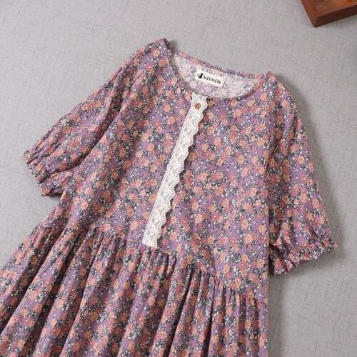 Summer Midi Dresses Mori Girl Literary Floral Print O-Neck Short Sleeve Dress Loose Lace Women