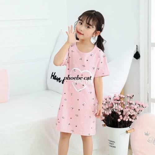 Summer Girls Night Dress Casual Kids Pajamas Cotton Girls Nightgowns Short Sleeves Children Sleepwear Cartoon Teenages Clothes