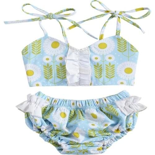 Meihuida 2021 Girls Two-piece Swimming Clothes Set Light Blue Floral Printed Pattern Suspender Tops + Shorts Kids Swimwear