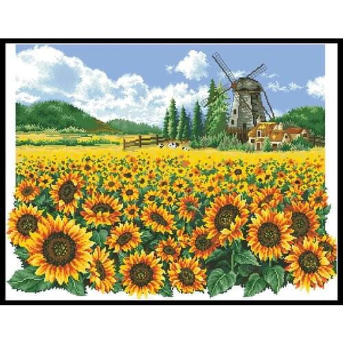 Sunflower Pasture Stamped Cross Stitch Kits Printed Flower Embroidery Needlework Sets 11CT 14CT DIY Handmade Home Decor Painting