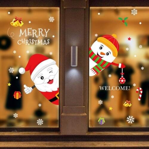 Lovely Santa Claus Snowman With Snowflakes Wall Stickers For Store Home Decoration Christmas Festival Wall Art Window Decal