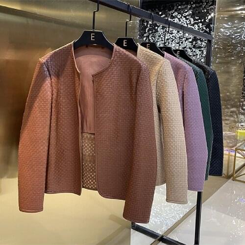 Autumn Womens Designer High Quality Sheepskin Genuine Leather jackets Chic Knit leather O-neck coat B519