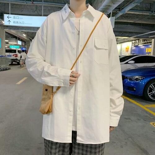 Autumn black loose long-sleeved shirt Korean version of the trend of casual handsome jacket handsome white shirt