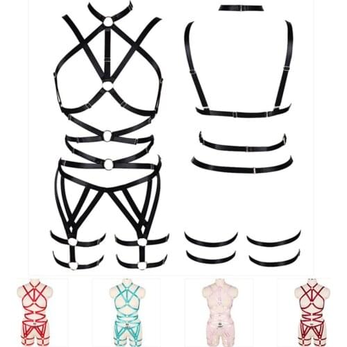 Strappy Body Harness Bra Full Bondage Body Cage Elastic Adjust Gothic Fetish Hollow Out Chest Rivet Body Harness Lingerie Set