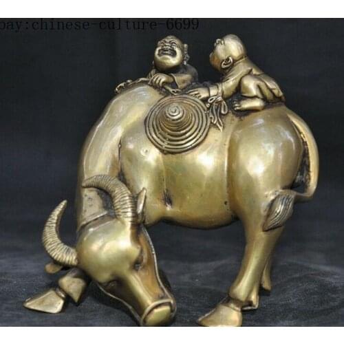 Old Chinese bronze Zodiac Boy Ox Oxen Cow Cattle Bull Animal Statue Pair