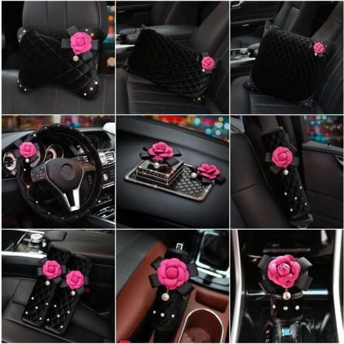 Cute camellia winter autumn universal diamond neck pillow selt belt shoulder cover gear shift collars headrest waist pillow
