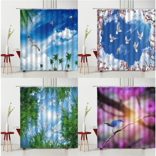 Waterproof Shower Curtains Sky Branches Birds Size Household Products Polyester Multiple Fabric Hanging Curtain With Hooks