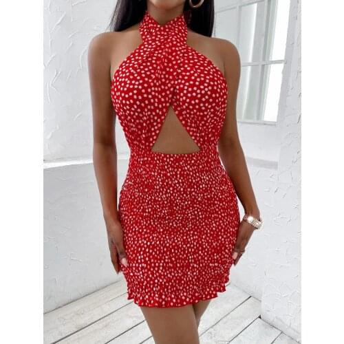 Women Close-fitting Backless Dress Female Floral Printed Pattern Halter Neck Hollow Out Short Dress for Ladies Green/ Red Yellow
