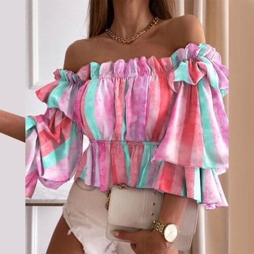 Office Lady Elegant Chic Multi-layer Ruffles Long Sleeve Autumn Blouse Fashion Flower Print Women Sexy Off Shouldr Casual Shirts