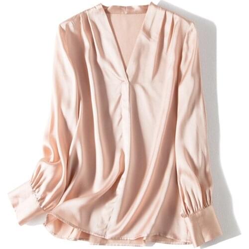 Silk blouse Women 100% Real silk Long sleeved Office lady blouse shirt V neck 2019 Female shirt