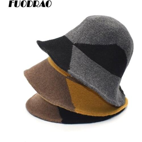 FUODRAO Autumn Winter Wool Knitting Bucket Hat Women Warm Korean Girl Panama Fisherman Hats Fashion Patchwork Basin Cap M139