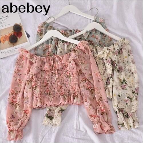 2021 Spring Summer Women Floral Crop Tops Ladies Puff Sleeve Ruched Chiffon Blouse Female Vintage Boho Beach Tops